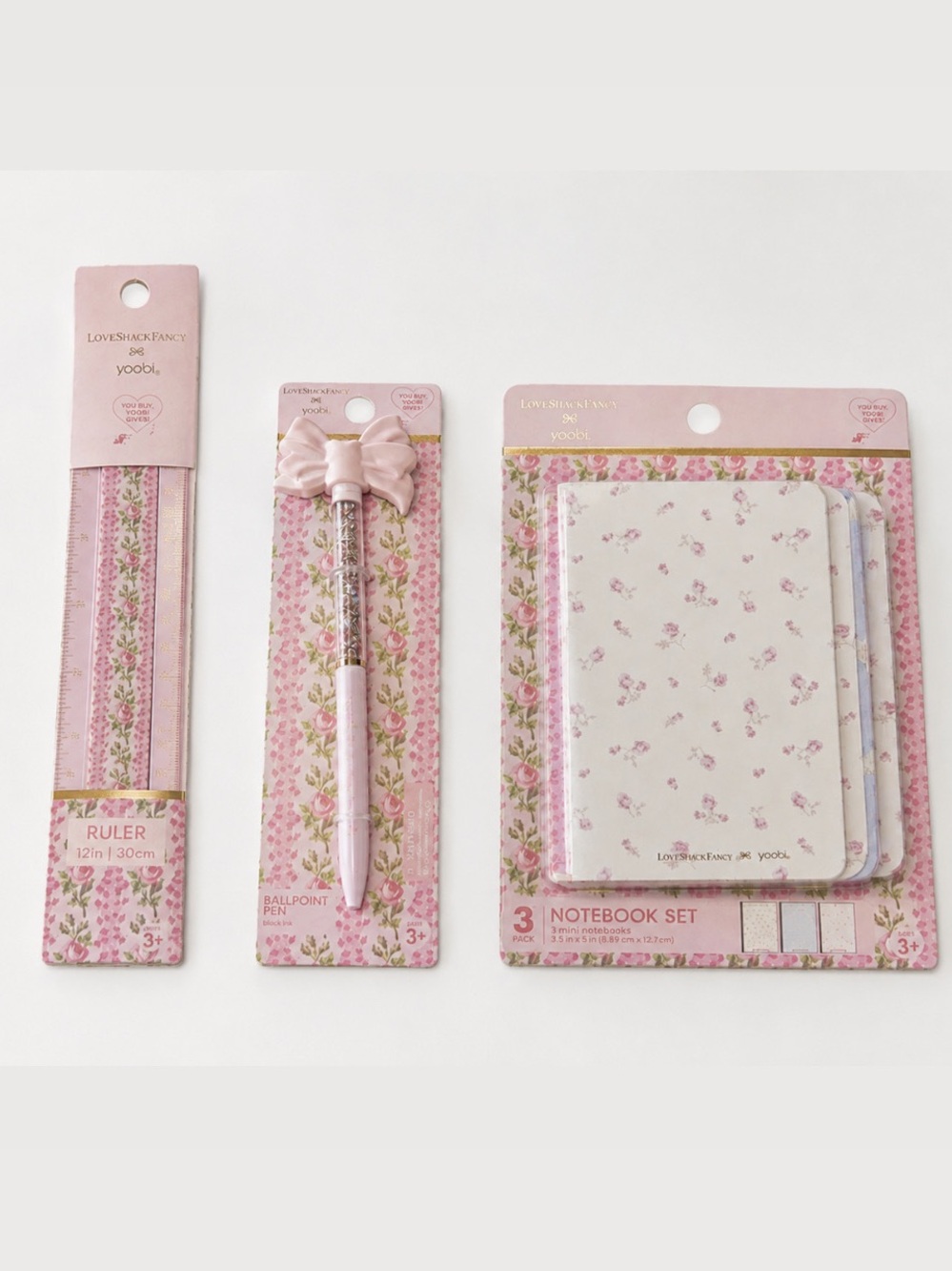 LoveShackFancy 3 pk Mini Journals, Ruler and Pink Pen Set